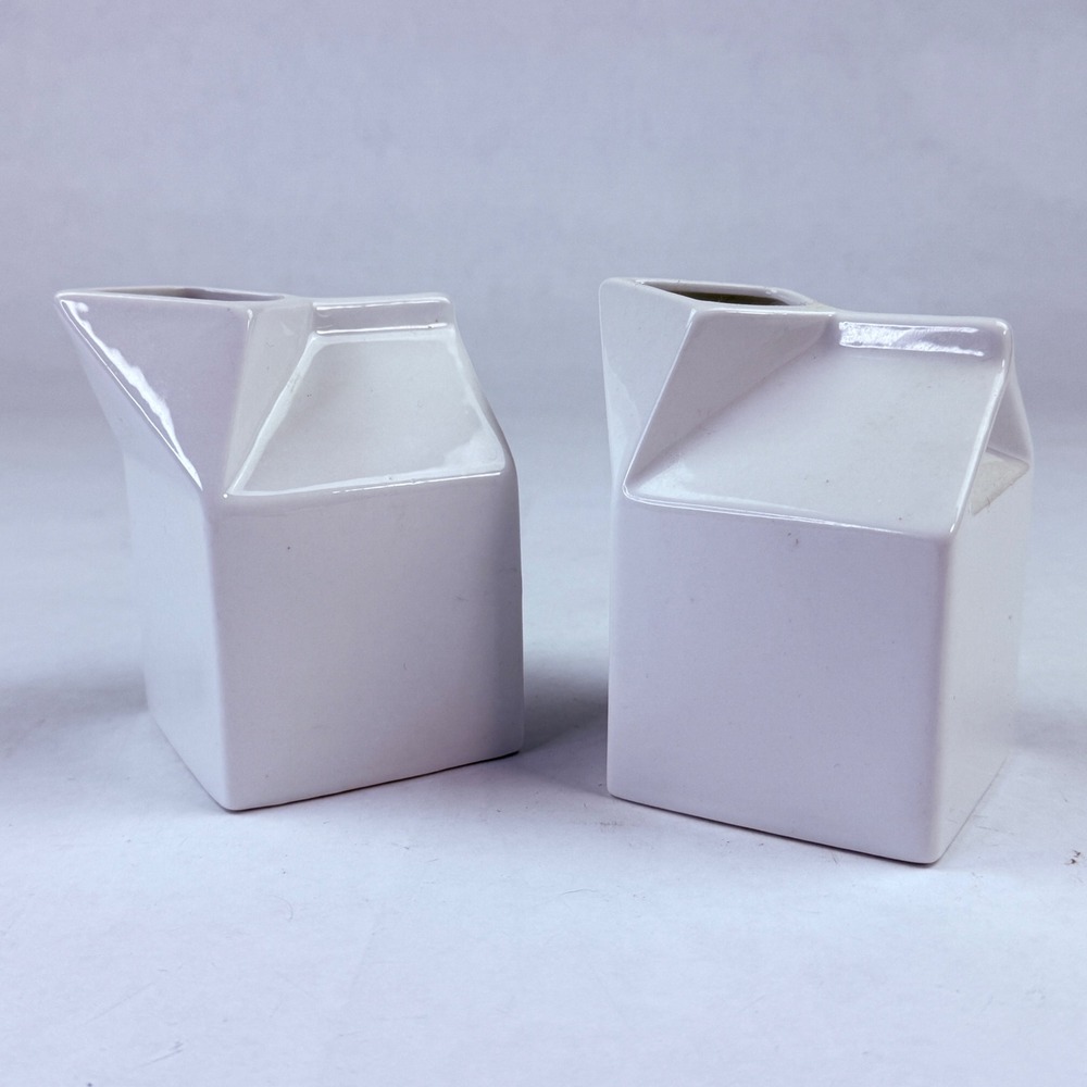 Simple Dining White Ceramic‎ Milk Carton Creamer Pitcher Set 2 Glossy Stoneware